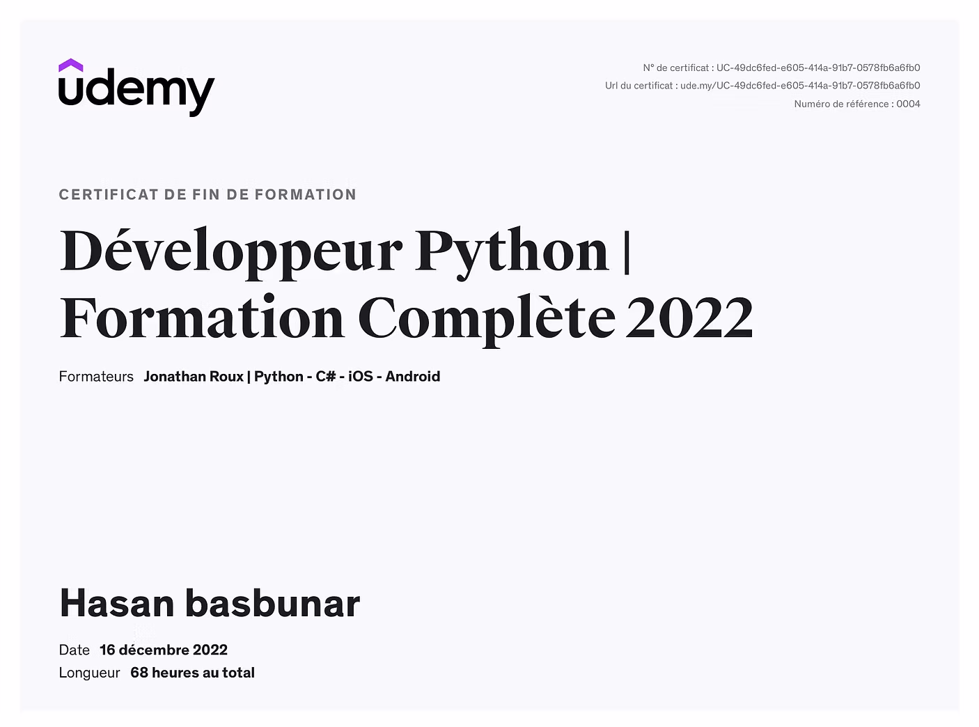 Udemy certificate